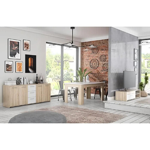 Cstore PILVI Ensemble séjour Meuble TV + Enfilade + Table a manger - Décor chene sonoma et Blanc mat