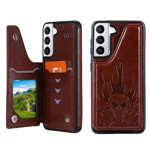 Coque en TPU + PU crâne imprimé, hybride avec béquille et porte-carte marron pour votre Samsung Galaxy S21 5G