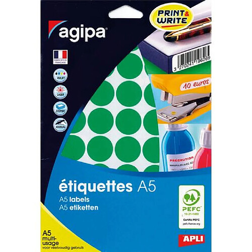 Pastille adhésive 24 mm Agipa 11432 vert - pochette de 400