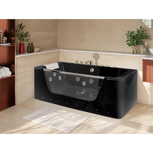 Vente-Unique Baignoire balnéo vitrée semi-îlot à leds DYONA - 1 place - 260L - 170*85*58cm - Noir brillant