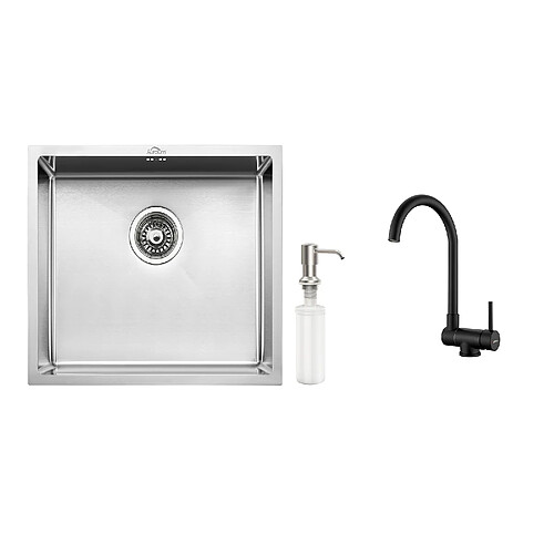 Auralum MAX Évier de Cuisine Inox 1 Bac 50*43*18CM avec Distributeur de Savon+Mitigeur Cuisine en Acier Inox 304 Rabattable Pivotant à 360° ,Noir