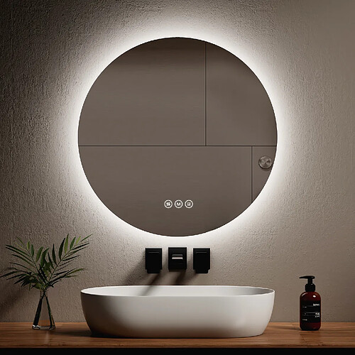 EMKE Miroir lumineux salle de bain rond diamètre 70cm, Miroir LED rétro-éclairage avec Interrupteur Tactile, Anti-buée, Miroir avec éclairage Lumière Blanche Froide/Neutre/Chaude