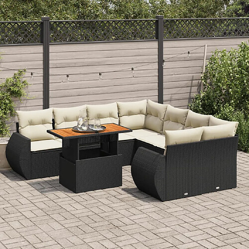 vidaXL Salon de jardin 9 pcs avec coussins noir résine tressée