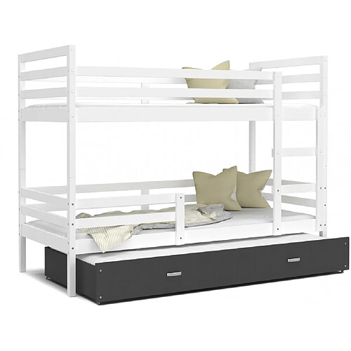 Kids Literie Lit Superposé 3 Places Milo 90x190 Blanc - gris Livré avec sommiers, tiroir et matelas en mousse de 7cm