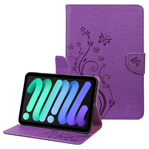 Etui en PU motif de papillons et de fleurs avec support violet pour iPad mini (2021)