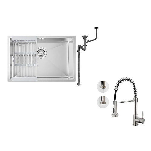 Auralum MAX Évier Cuisine 1 Bac 60*44*20CM,inox 304,à Encastrer/sous-plan avec Panier Drainage,Silver+Robinet Cuisine Ressort avec Douchette Extensible,Brossé