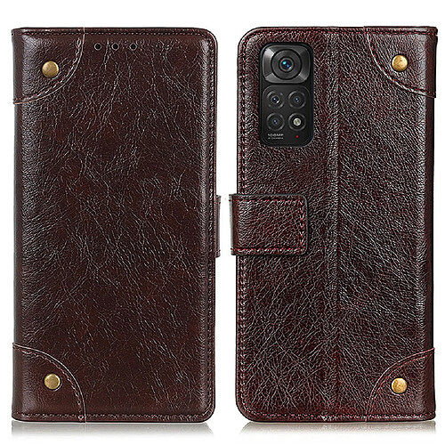 Etui en PU texture nappa, décor de boutons en laiton avec support café pour votre Xiaomi Redmi Note 11 4G (Qualcomm)/Note 11S 4G