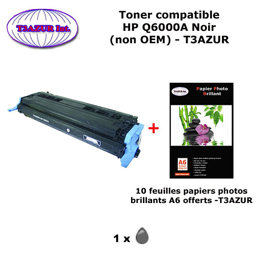 Toner générique HP Q6000A pour HP Color LaserJet 1600, 2600, 2600N Noir + 10f papiers photos A6 -T3AZUR