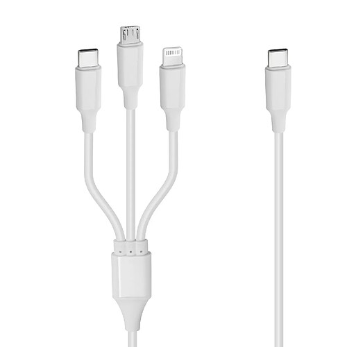 Câble USB-C 3 en 1 vers Micro-USB iPhone Lightning USB Type C PD 20W LinQ Blanc