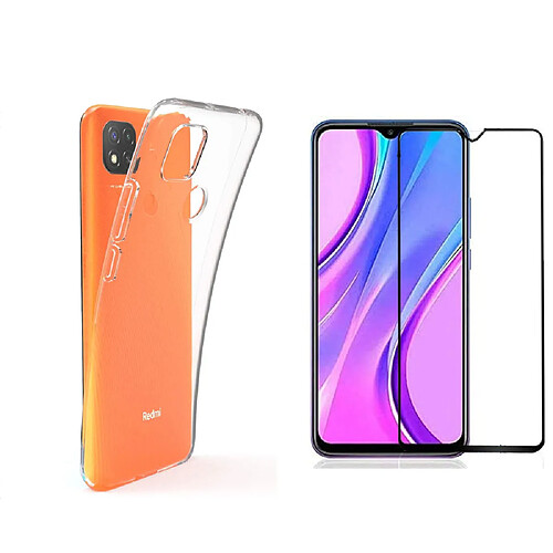 Pack coque transparente en TPU et Protection écran vitre en verre trempé FULL cover noir pour Xiaomi Redmi 9C / Redmi 9C NFC 4G - pochette XEPTIO