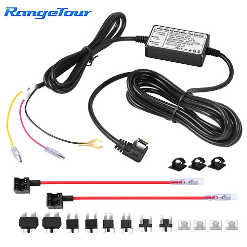 Kit de câblage DVR de voiture Range Tour - Convertisseur d'onduleur de 12/24 V à 5 V 2.5A pour câble d'alimentation de surveillance de stationnement de caméra de tableau de bord 24 heures + GPS