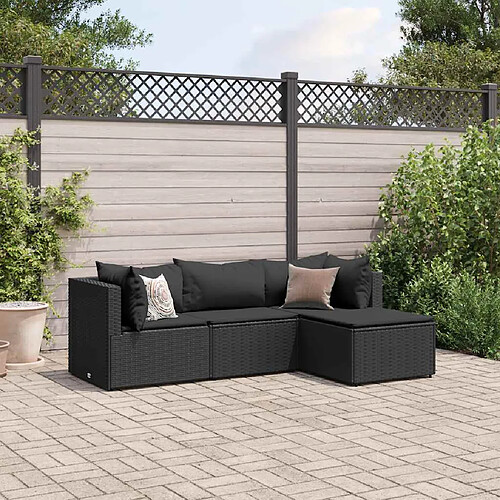 vidaXL Salon de jardin 4 pcs avec coussins Noir Résine tressée