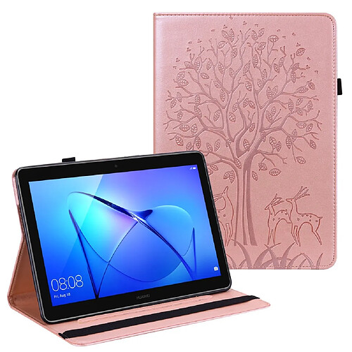 Etui en PU motif cerf et arbre avec support or rose pour votre Huawei MediaPad T5 10.1