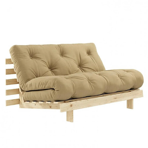 Inside 75 Canapé convertible futon ROOTS pin naturel tissu beige couchage 140x200 cm.