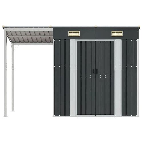 Helloshop26 Abri de jardin cabane cabanon maison de stockage remise extérieur hangar outils robuste avec toit prolongé 277 x 110,5 x 181 cm anthracite 02_0022217