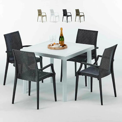 Table Carrée Blanche 90x90cm Avec 4 Chaises Colorées Grand Soleil Set Extérieur Bar Café ARM Bistrot Love, Couleur: Noir