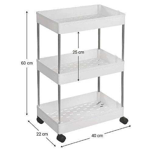 Helloshop26 Chariot de rangement sur roulettes étagère mobile 3 niveaux gain de place pour salle de bain cuisine bureau 40 x 22 x 60 cm blanc 12_0003490