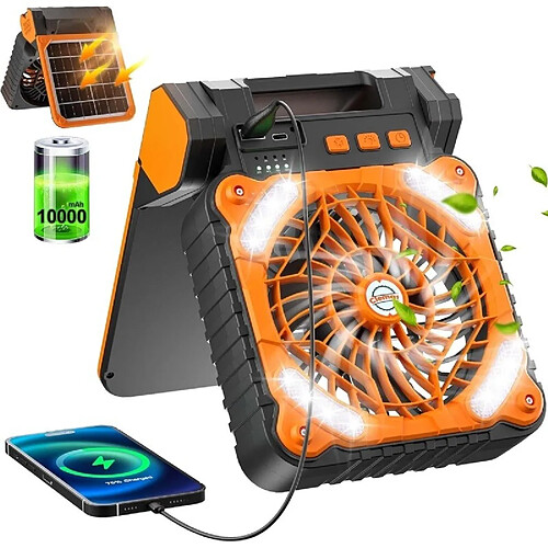 (Orange) Ventilateur de Camping Solaire Ventilateur Solaire Rechargeable Portable 10000mAh avec Lumières LED Ventilateur de Tente Extérieure Pliable