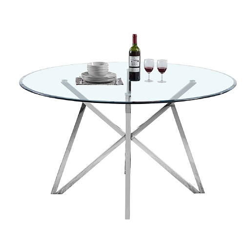 Vivenla Table de salle à manger ronde design piètement en acier inoxydable poli argenté et plateau en verre trempé transparent L. 140 x P. 140 x H. 76 cm collection LORENA