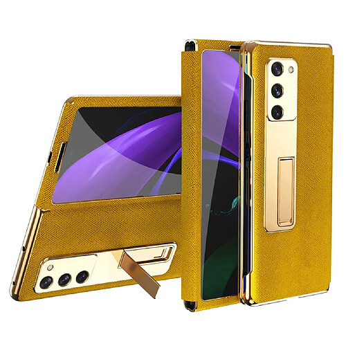 Coque en TPU + PU avec béquille, texture croisée, hybride, électroplaqué jaune pour votre Samsung Galaxy Z Fold2 5G