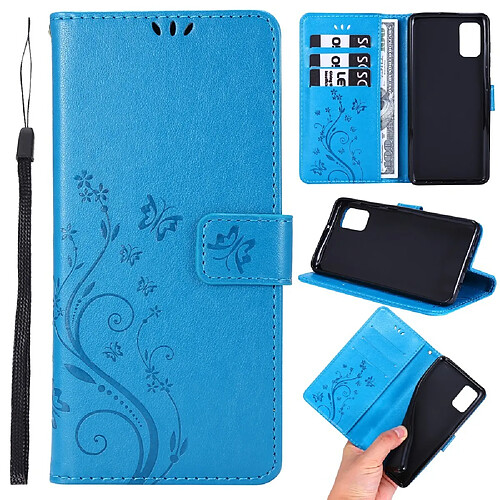 Etui en PU empreinte papillons flip avec support bleu pour votre Samsung Galaxy A41 (Global Version)