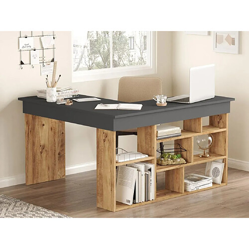 Vente-Unique Bureau d'angle avec rangements - Coloris : Anthracite et naturel - LILEUL