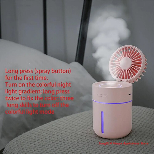 Mini Humidificateur Portatif à Brume Fraîche avec Ventilateur pour Bureau de Chambre à Coucher Veilleuse LED à 2 Modes de Brume 3 Vitesses de Ventilateur Rechargeables