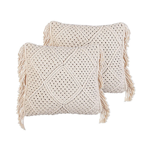 Beliani Lot de 2 coussins BESHAM Coton 45 x 45 cm Géométrique Macramé Beige clair