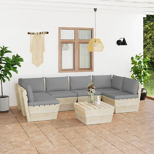 vidaXL Salon de jardin palette 7 pcs avec coussins bois d'épicéa