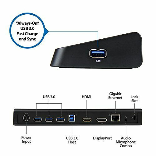 StarTech.com Station d'accueil USB 3.0 PC portable / Ultrabook - 2 sorties vidéo HDMI / DisplayPort 4K, GbE, USB 3.0, charge rapide USB