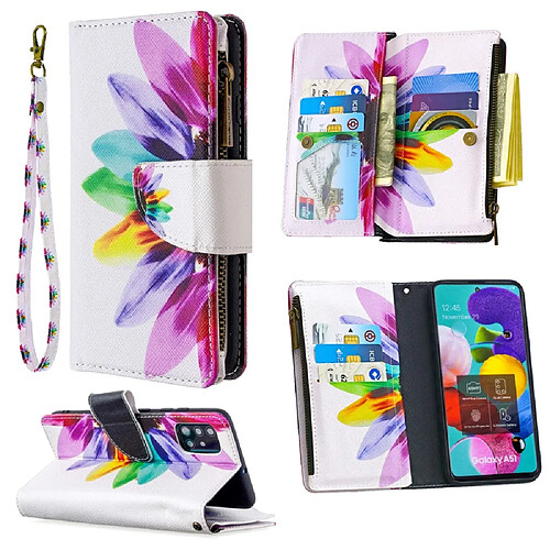 Etui en PU fermeture à glissière d'impression de modèle pétales colorés pour votre Samsung Galaxy A51 SM-A515