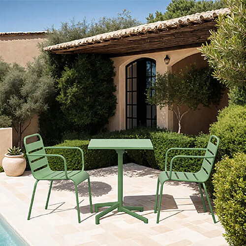 Mes Ensemble table de jardin carrée + 2 fauteuils en métal vert - BACA