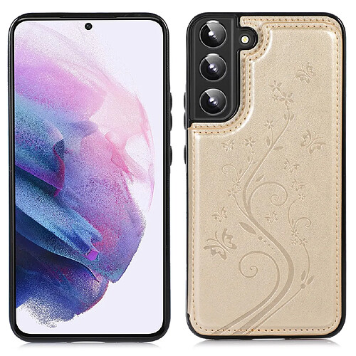 Coque en TPU + PU motif fleur, deux boutons magnétiques avec béquille et porte-cartes or pour votre Samsung Galaxy S22 5G