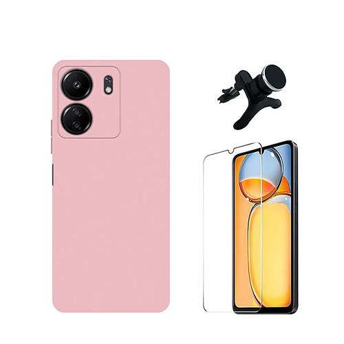 Kit de film en verre trempé de la couverture en 5D + boîtier en silicone liquide + porte-voiture renforcé Phonecare pour Xiaomi Redmi 13C - rose