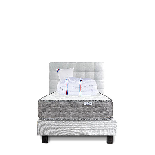 LUXURY LITERIE Ensemble matelas zen 90x190 cm + sommier gris ep20cm + oreiller + couette + Tête de Lit