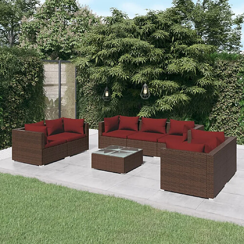 vidaXL Salon de jardin 8 pcs avec coussins résine tressée marron