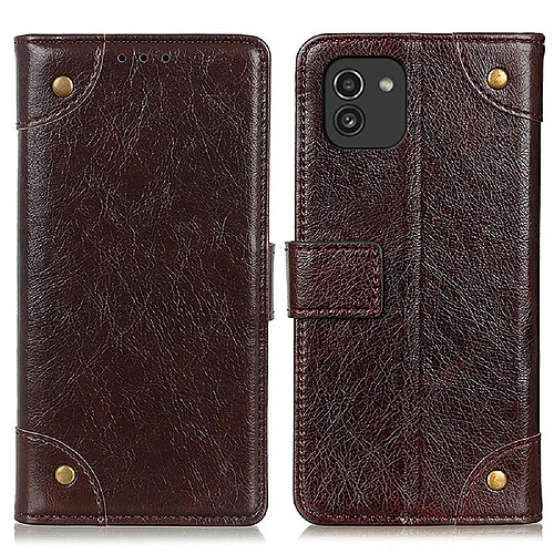 Etui en PU texture nappa, antichoc avec bouton décoratif en laiton café pour votre Samsung Galaxy A03 (Global Version) (166.5 x 75.98 x 9.14mm)