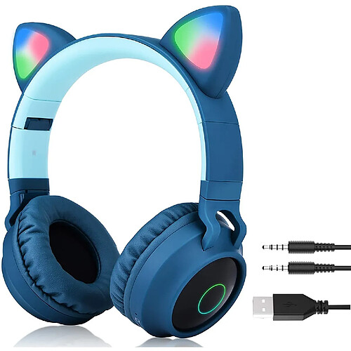 Chrono Bluetooth Casque Chat Oreille Sans Fil , Lumineux Oreille Écouteurs,Casque Audio Enfant, Emplacement pour Carte SD, Radio FM, Pliable, pour Ordinateur Portable et téléphone Portable,Bleu