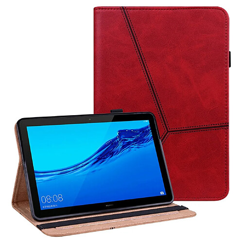 Etui en PU ligne de couture avec support et porte-cartes rouge pour votre Huawei MediaPad T5 10.1