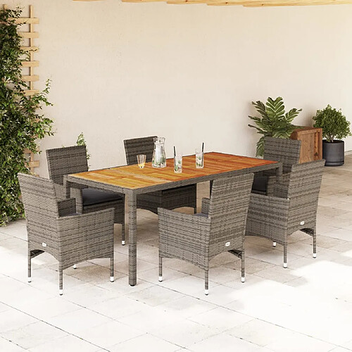 vidaXL Ensemble à manger de jardin et coussins 7 pcs gris rotin acacia