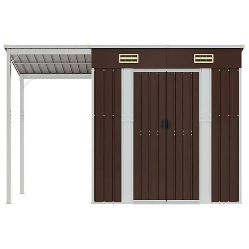 Helloshop26 Abri de jardin cabane cabanon maison de stockage remise extérieur hangar outils robuste avec toit prolongé 277 x 110,5 x 181 cm acier marron 02_0022219