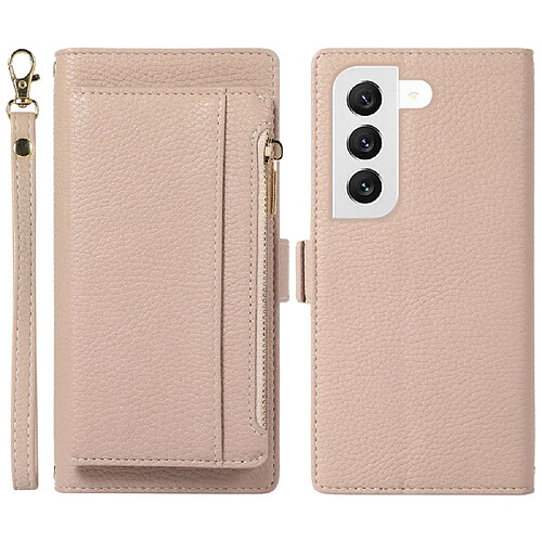 Etui en PU texture litchi, anti-rayures, magnétique avec support, pochette à fermeture éclair et sangle pour votre Samsung Galaxy S22 5G - abricot