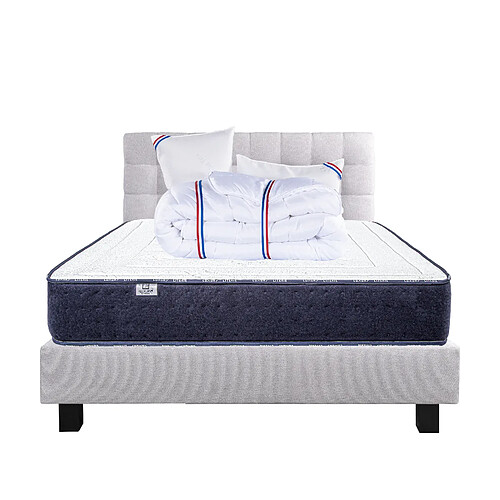 LUXURY LITERIE Ensemble matelas Nuage 160x200 cm + sommier gris ep20cm + 2 oreillers + couette + Tête de Lit