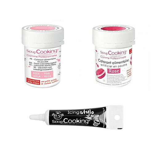 Scrapcooking 2 colorants alimentaires rose poudré-rose + Stylo glaçage noir