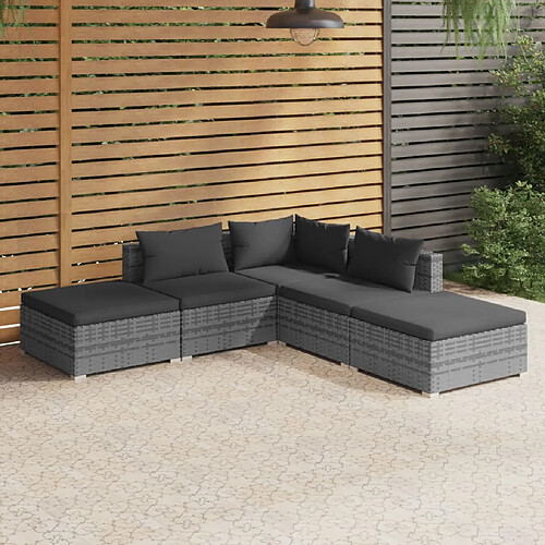 vidaXL Salon de jardin 5 pcs avec coussins Résine tressée Gris