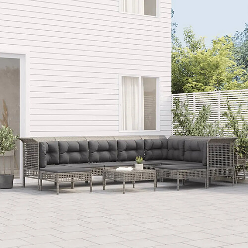 vidaXL Salon de jardin 10 pcs avec coussins Gris Résine tressée