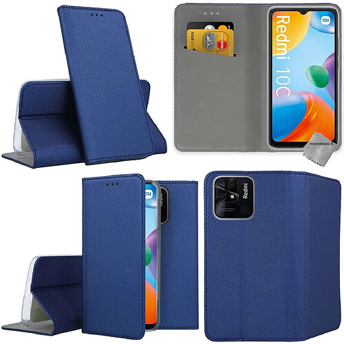 Htdmobiles Housse etui portefeuille avec coque intérieure en silicone pour Xiaomi Redmi 10C + film ecran - BLEU MAGNET