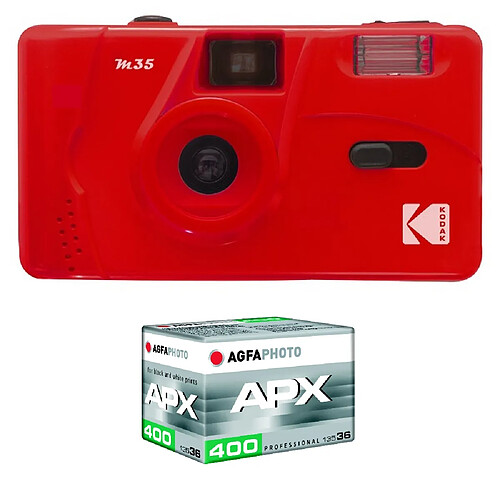 KODAK Pack M35 Argentique + Pellicule APX 400, 36 poses - Appareil Photo Kodak Rechargeable 35mm Scarlet, Objectif Grand Angle Fixe - Scarlet