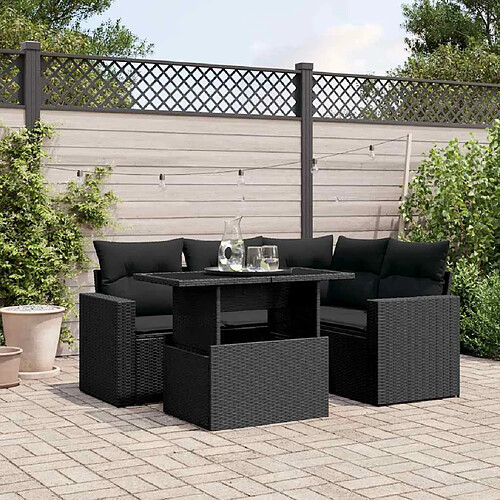 vidaXL Salon de jardin 5 pcs avec coussins noir résine tressée