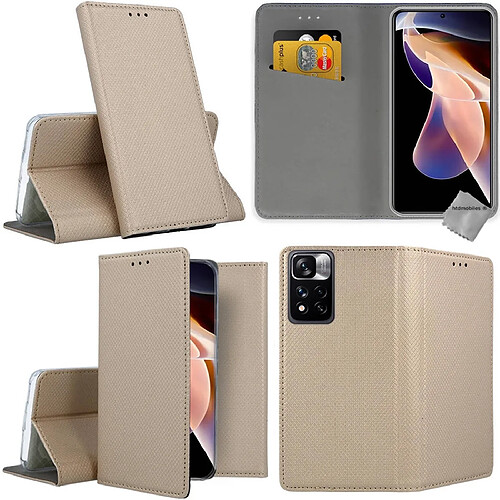 Htdmobiles Housse etui portefeuille avec coque intérieure en silicone pour Xiaomi Redmi Note 11 Pro+ Plus 5G + verre trempe - OR MAGNET